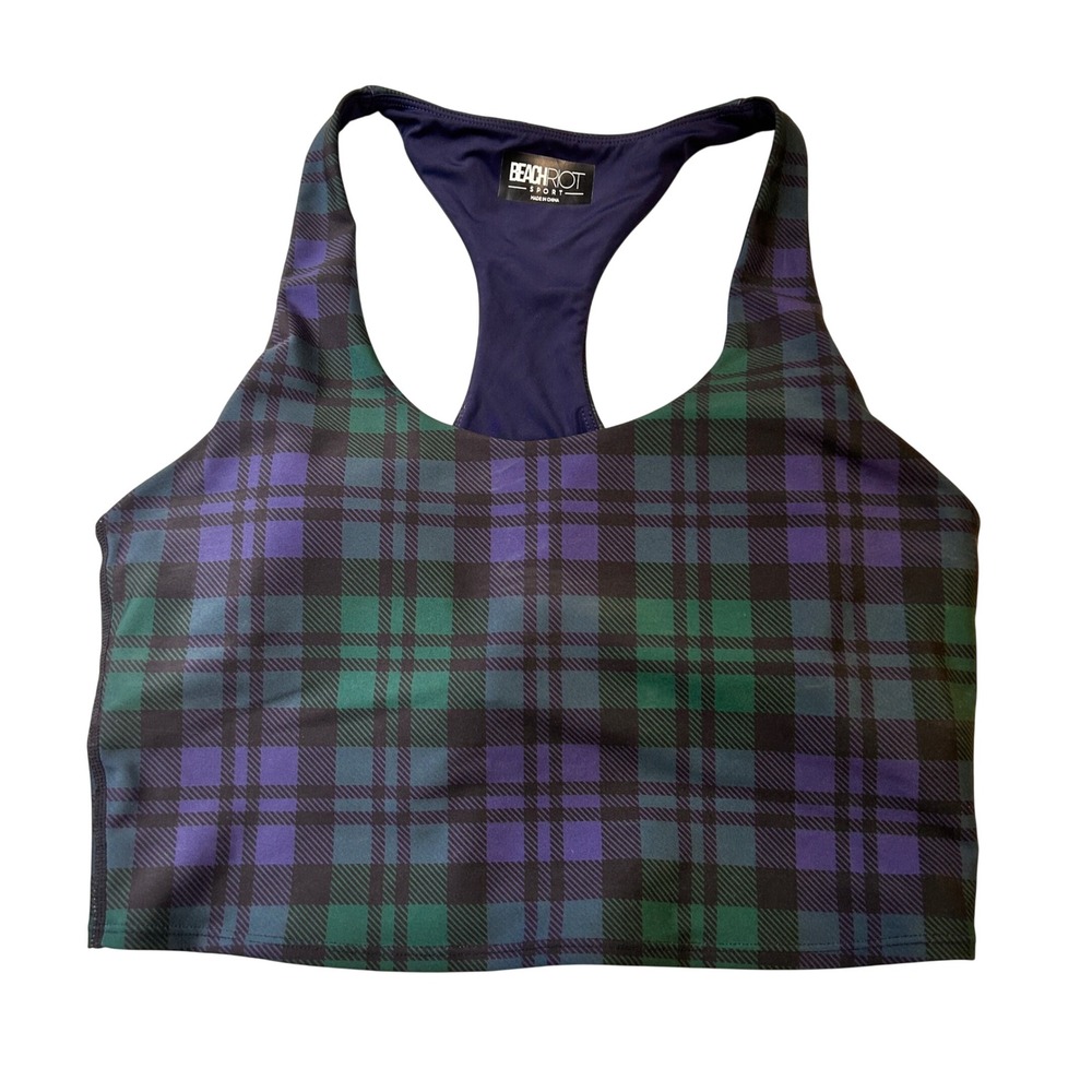 Beach Riot Sport Bra XL Green Purple Plaid Racerback Activewear Top